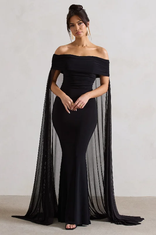 Carlotta | Black Bardot Maxi Dress With Chiffon Cape Elegant Velvet Maxi Dress