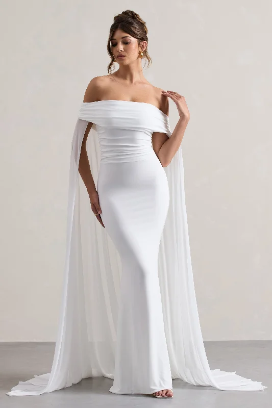 Carlotta | White Bardot Maxi Dress With Chiffon Cape Trendy Button Front Maxi Dress