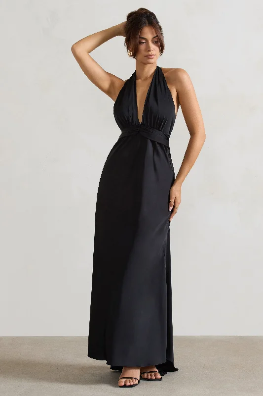 Carolyn | Black Satin Plunge Maxi Dress With Dipped Hem Trendy Ruffled Maxi Dress