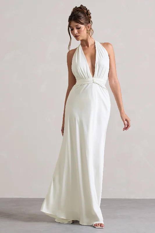 Carolyn | Ivory Satin Plunge Maxi Dress With Dipped Hem Elegant Maxi Dress with Lace