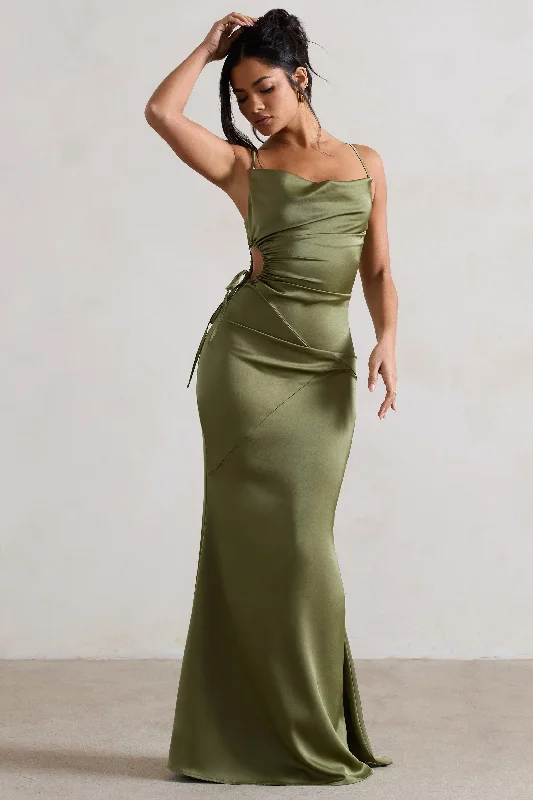Carter | Olive Green Satin Cowl-Neck Maxi Dress With Cut-Out Stylish Maxi Dress with Frills