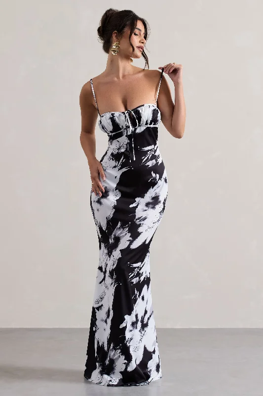 Casablanca | Monochrome Floral Print Satin Sweetheart Maxi Dress Stylish Pleated A-Line Maxi Dress