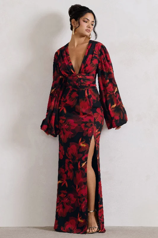 Casarile | Red Floral Print V-Neck Balloon Sleeve Maxi Dress Cozy Longline Maxi Dress Casarile | Red Floral Print V-Neck Balloon Sleeve Maxi Dress Cozy Longline Maxi Dress