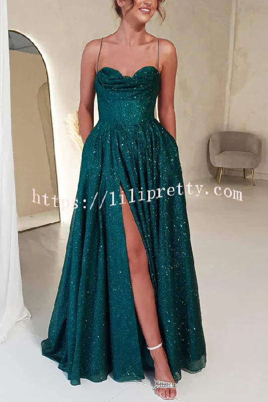 Cinderella Glitter Tulle Fabric Cowl Neck Back Lace-up Pocketed Slit Maxi Dress Cozy Longline Maxi Dress