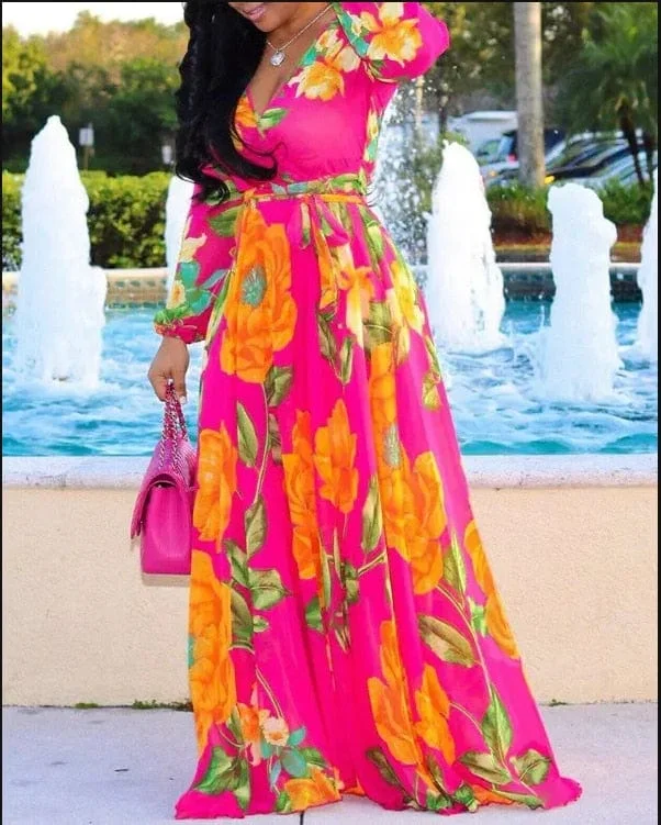 Deep V Tropical Print Belt Warp Maxi Dress Fashionable Button-Down Maxi Dress