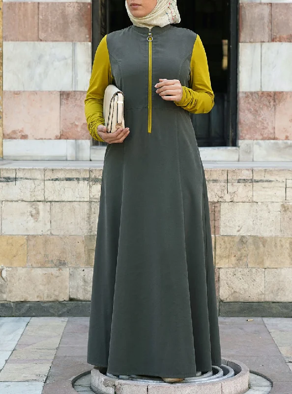 Dual Fabric Ruched Sleeves Maxi Dress Stylish Maxi Dress with Pleats