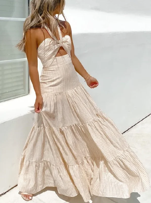 Zjkrl - Elegant Halter Long Dress for Women Sleeveless Beach Boho Maxi Dress Summer Backless Midi Sundress Vestido De Mujer Vintage Cozy Ruffle Sleeve Maxi Dress