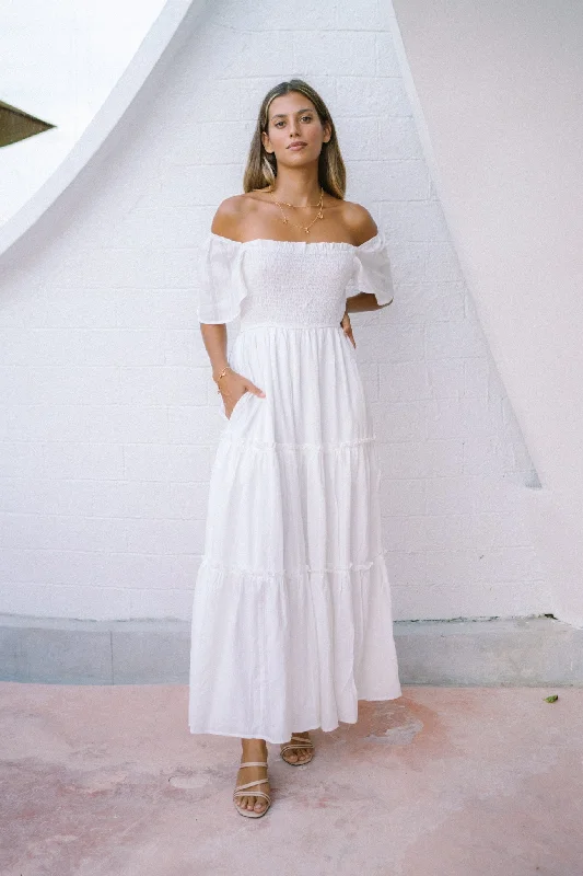 Eleyna White Stripe Tiered Maxi Dress Fashionable Layered Maxi Dress
