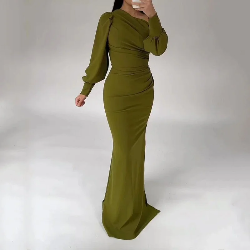 Women Maxi Dress Casual Solid Long Lantern Sleeve Inclined Shoulder Nipped Waist Slim Party Evening Dresses Streetwear Elegant Pleated Maxi Dress Women Maxi Dress Casual Solid Long Lantern Sleeve Inclined Shoulder Nipped Waist Slim Party Evening Dresses Streetwear Elegant Pleated Maxi Dress
