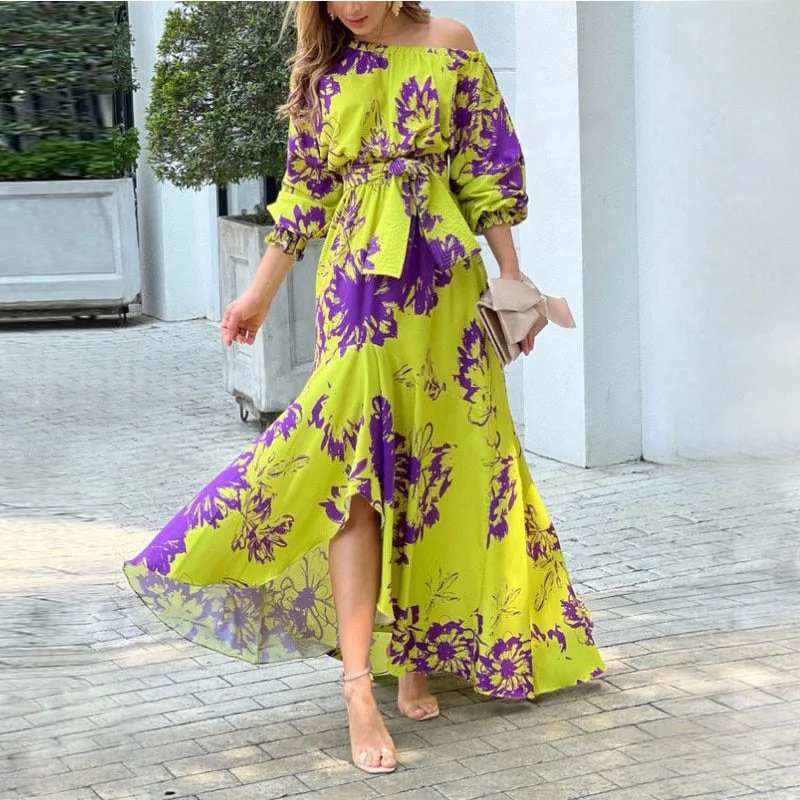 Women Maxi Dress Fashion Slanted Shoulder Long Sleeve Print Lace Up Beach Party Long Skirt Dresses High Streetwear Elegant Tiered Maxi Dress Women Maxi Dress Fashion Slanted Shoulder Long Sleeve Print Lace Up Beach Party Long Skirt Dresses High Streetwear Elegant Tiered Maxi Dress
