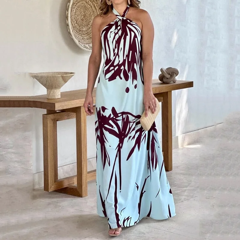 Women Maxi Dress Print Elegant Halter Neck Sleeveless Lace Up Backless Loose Beach Party Long Dresses High Streetwear Trendy Floral Print Maxi Dress