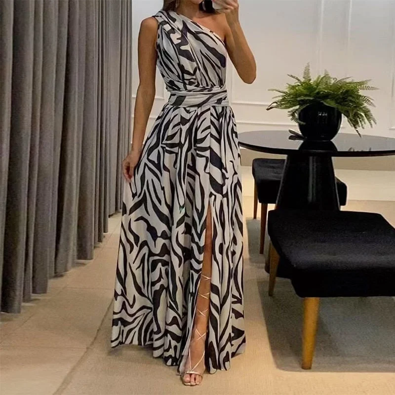 Women Maxi Dress Summer Fashion One Shoulder Sleeveless Slit Backless Nipped Waist Long Skirt Party Evening Dresses Classic A-Line Maxi Dress