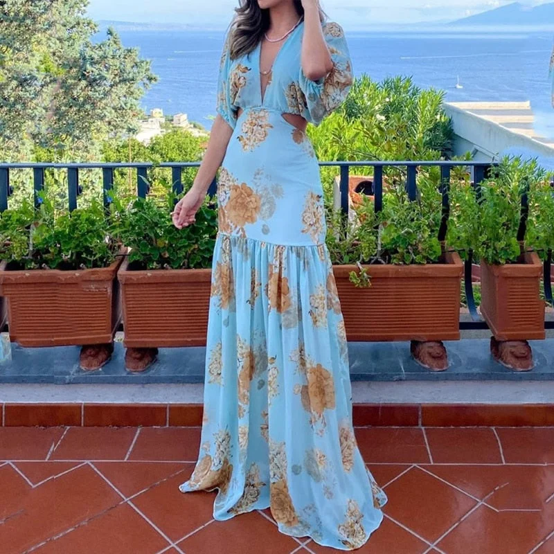 Women Maxi Dress Summer Sexy Elegant V Neck Puff Sleeve Leaky Waist Floral Print Long Skirt Party Evening Dresses Comfortable Pleated Maxi Dress Women Maxi Dress Summer Sexy Elegant V Neck Puff Sleeve Leaky Waist Floral Print Long Skirt Party Evening Dresses Comfortable Pleated Maxi Dress