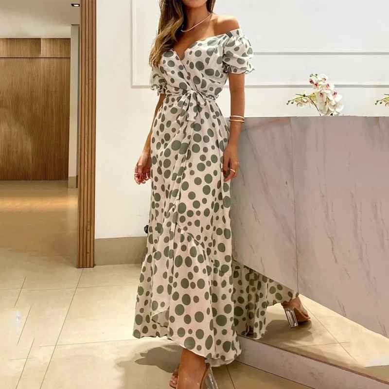 Women Maxi Dress Summer Trendy Strapless Puff Short Sleeve V Neck Lace Up Polka Dot Print Long Dresses High Streetwear Fashionable Chiffon Maxi Dress Women Maxi Dress Summer Trendy Strapless Puff Short Sleeve V Neck Lace Up Polka Dot Print Long Dresses High Streetwear Fashionable Chiffon Maxi Dress