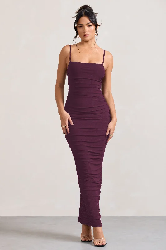 Ellis | Plum Ruched Mesh Strappy Bodycon Maxi Dress Chic Summer Maxi Dress