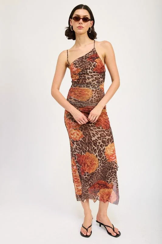 Emory Park Mesh Printed One Shoulder Maxi Dress Stylish Pleated A-Line Maxi Dress