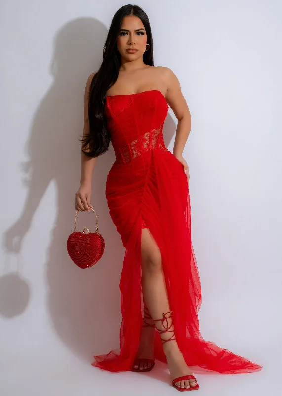 Feminine Vibes Lace Chiffon Maxi Dress Red Elegant Silk Maxi Dress