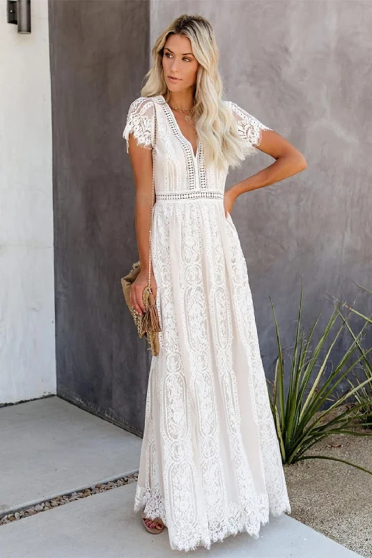 KaleaBoutique Beautiful White Fill Your Heart Lace Maxi Dress Comfortable Maxi Dress with Sleeves