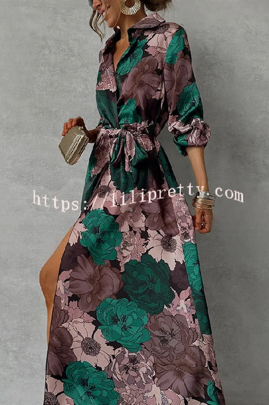 Floral Print Lapel Waisted Lace-up Long-sleeve Maxi Dress Elegant Velvet Maxi Dress