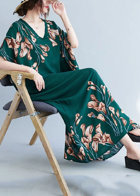 French Blackish Green V Neck Print Cotton Loose Maxi Dress Batwing Sleeve Stylish V-Neck Maxi Dress French Blackish Green V Neck Print Cotton Loose Maxi Dress Batwing Sleeve Stylish V-Neck Maxi Dress