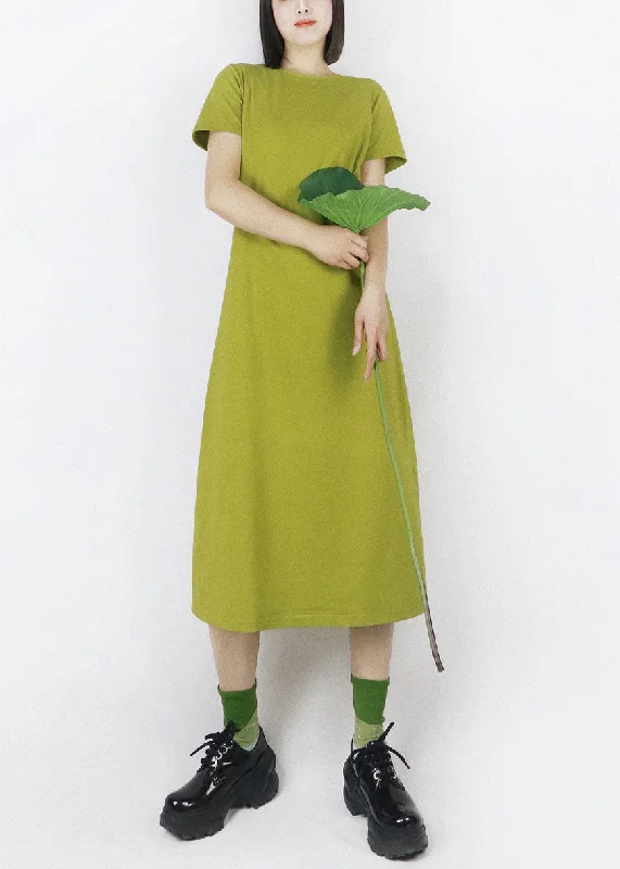 French Green O-Neck Oversized Solid Color Cotton Maxi Dress Half Sleeve Elegant Maxi Dress with Drapes French Green O-Neck Oversized Solid Color Cotton Maxi Dress Half Sleeve Elegant Maxi Dress with Drapes