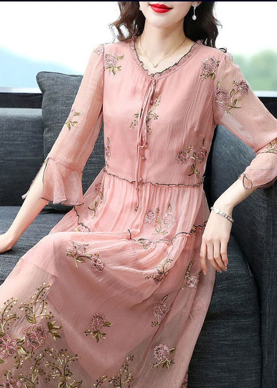 French Pink Ruffled Collar Embroideried Silk Maxi Dresses Flare Sleeve Fashionable Maxi Dress with Fringe