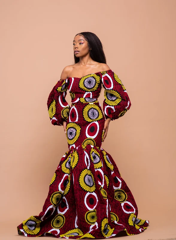 Hannah Ankara Maxi Dress | Red and Yellow African Print Classic V-Neck Maxi Dress