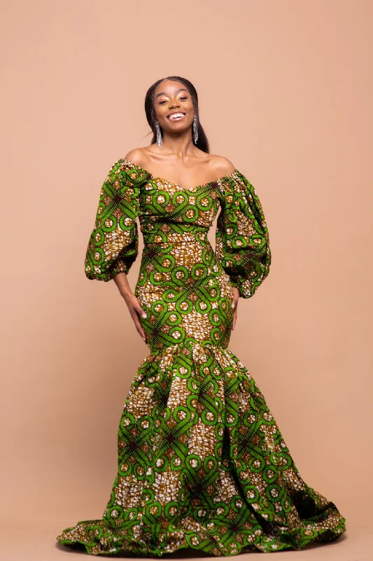 Hauwa Ankara Maxi Dress | Green and Brown African Print Stylish Off-Shoulder Maxi Dress Hauwa Ankara Maxi Dress | Green and Brown African Print Stylish Off-Shoulder Maxi Dress