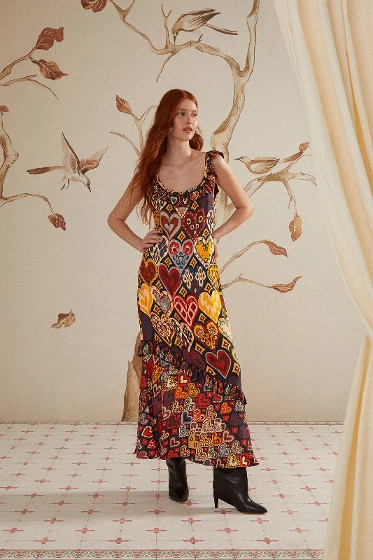 Black Hearts Ikat LENZING™ ECOVERO™ Viscose Maxi Dress Comfortable Satin Maxi Dress