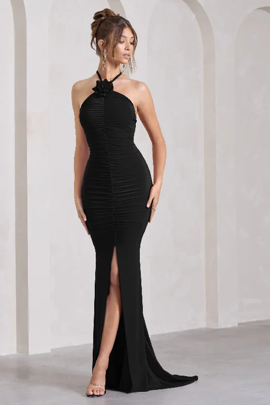 Holly | Black Ruched Halter-Neck Split Fishtail Maxi Dress Stylish Maxi Dress with Frills