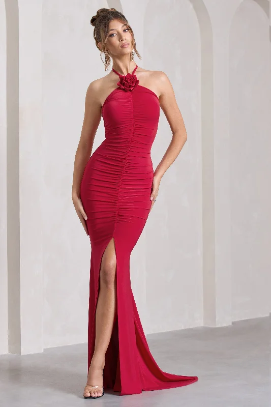 Holly | Red Ruched Halter-Neck Split Fishtail Maxi Dress Cozy Cold-Shoulder Maxi Dress