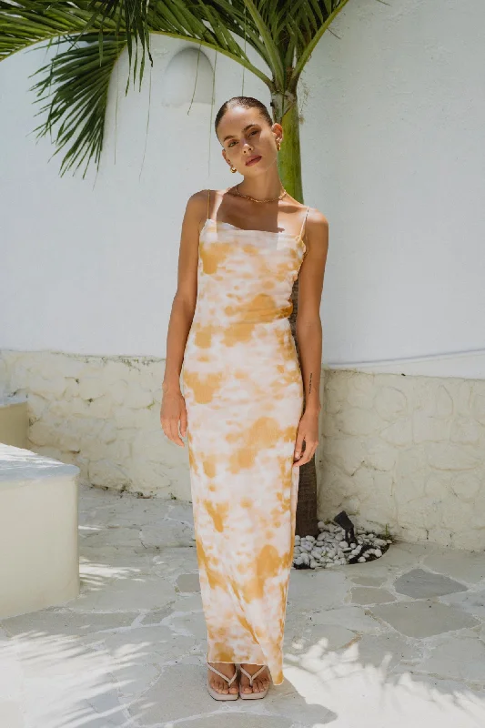 Isabela Yellow Tie Dye Abstract Maxi Dress Elegant Sleeveless Maxi Dress