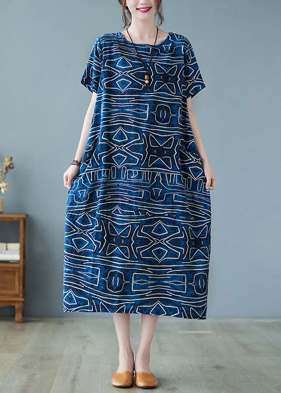 Italian Blue O-Neck Geometric Print Pockets Cotton Maxi Dress Short Sleeve Fashionable Faux Wrap Maxi Dress
