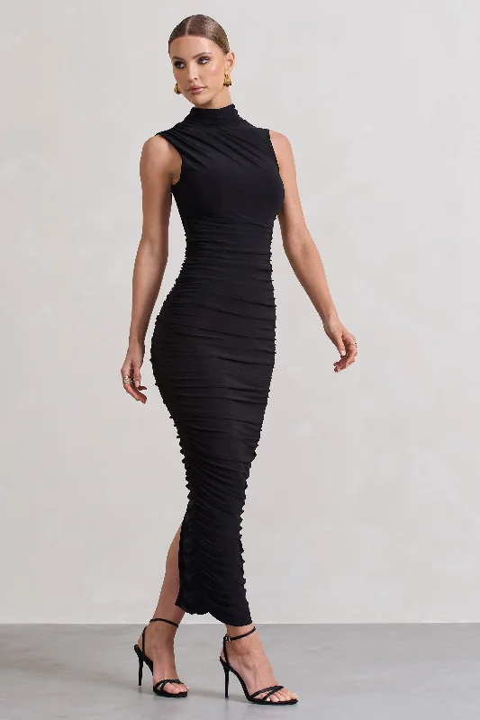Jaded | Black Bodycon Ruched High-Neck Open-Back Maxi Dress Fashionable Printed Maxi Dress Jaded | Black Bodycon Ruched High-Neck Open-Back Maxi Dress Fashionable Printed Maxi Dress