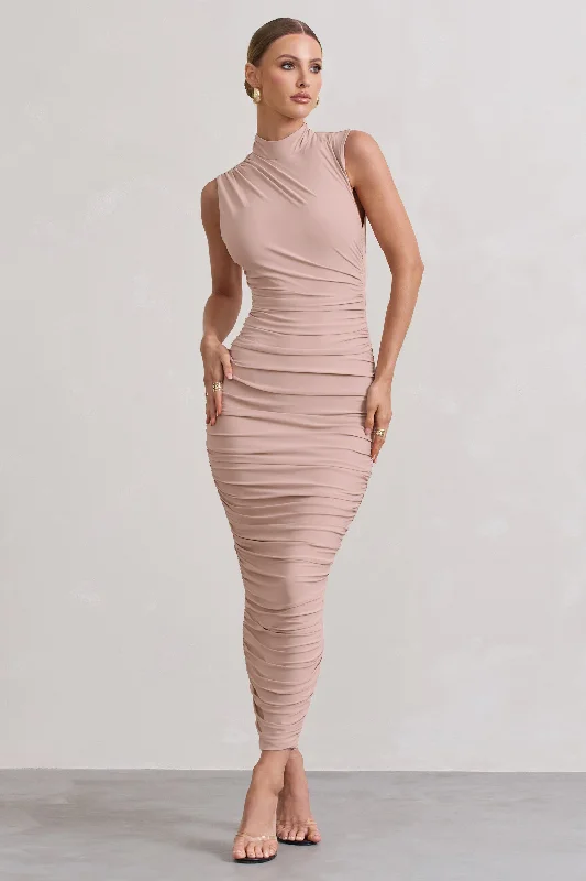 Jaded | Champagne Bodycon Ruched High-Neck Open-Back Maxi Dress Comfortable Bohemian Maxi Dress Jaded | Champagne Bodycon Ruched High-Neck Open-Back Maxi Dress Comfortable Bohemian Maxi Dress