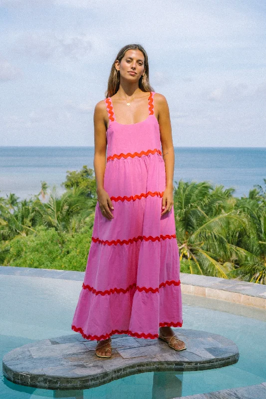 Kalliope Pink Red Ric Rac Tiered Maxi Dress Comfortable Maxi Dress with Slits