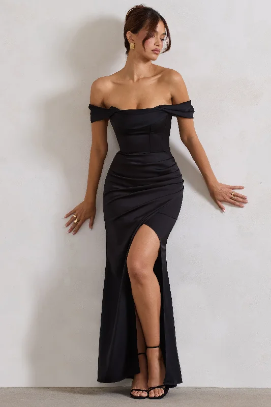 Kimberly | Black Bardot Fishtail Satin Maxi Dress Trendy Off-Shoulder Ruffle Maxi Dress