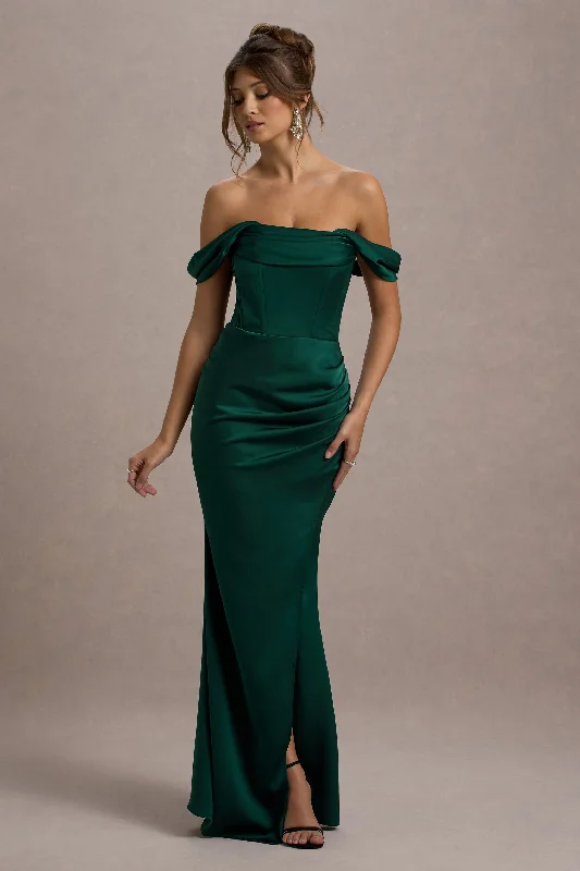 Kimberly | Bottle Green Bardot Fishtail Satin Maxi Dress Classic Black Maxi Dress