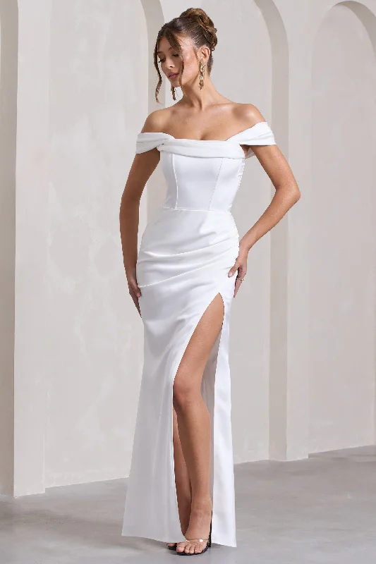 Kimberly | White Bardot Fishtail Satin Maxi Dress Comfortable Cotton Maxi Dress