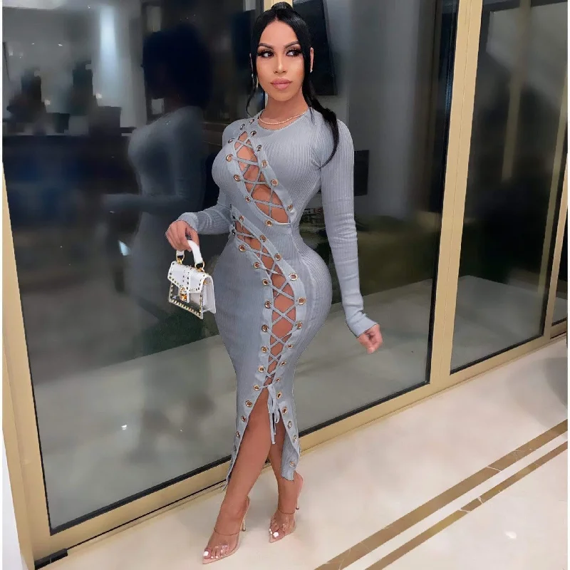 Knitted Lace Up Sexy Maxi Dress Cozy Maxi Dress with Slit