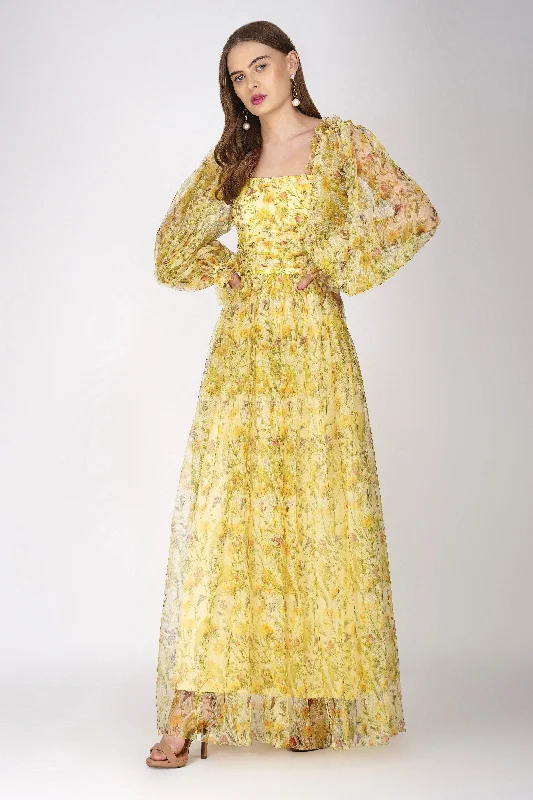 Lana Yellow Printed Tulle Maxi Dress Elegant Boho Maxi Dress