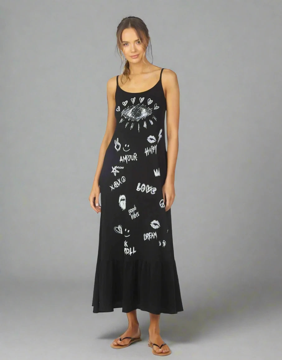 Lauren Moshi Beatrix Doodle Elements Maxi Dress Cozy Maxi Dress with Slit