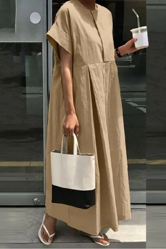 Linen Blend Loose Crew Neck Casual Maxi Dress Elegant Boho Maxi Dress