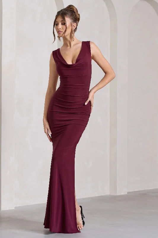 Lolita | Burgundy Ruched Cowl-Neck Sleeveless Maxi Dress Comfortable Ruffle Hem Maxi Dress