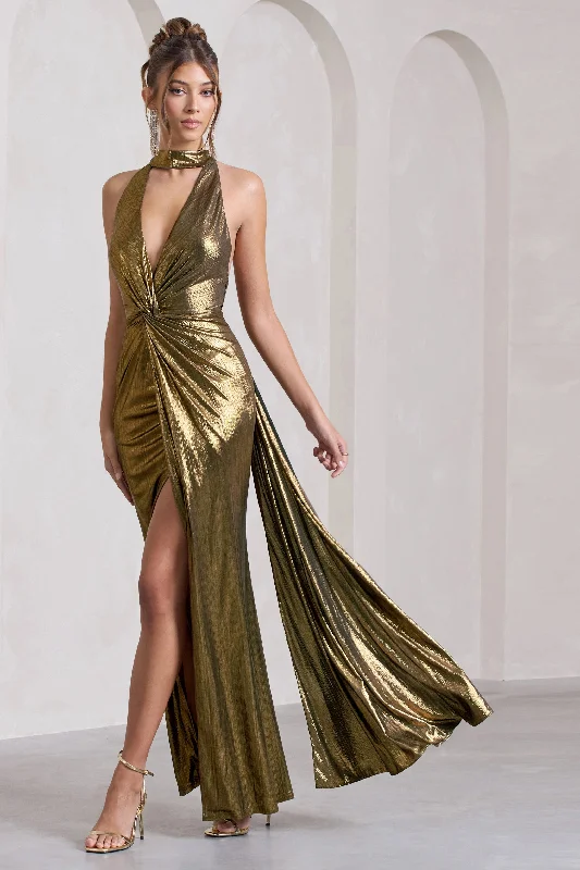 Lost | Gold Metallic Halter-Neck Cut-Out Split Maxi Dress With Drape Trendy Off-Shoulder Ruffle Maxi Dress