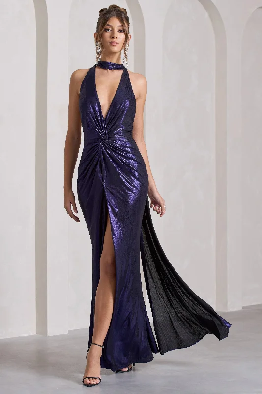 Lost | Purple Metallic Halter-Neck Cut-Out Split Maxi Dress With Drape Trendy Maxi Dress with Belt