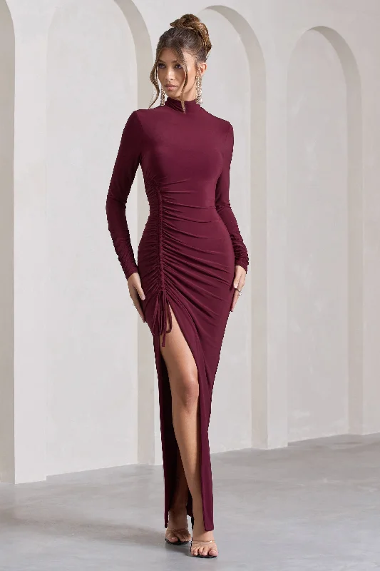 Lynn | Burgundy Ruched High-Neck Split Maxi Dress Fashionable Maxi Dress with Fringe