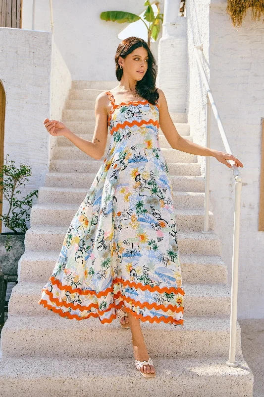 Malibu Orange Blue Tropical Ric Rac Tiered Maxi Dress Comfortable Fit-and-Flare Maxi Dress
