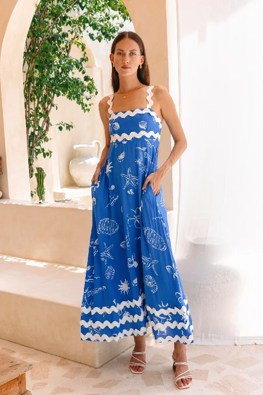Mariselle Blue Ocean Abstract Ric Rac Maxi Dress Fashionable Sheer Maxi Dress