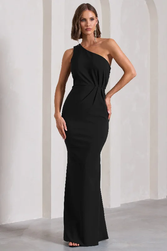 Michelle | Black One-Shoulder Gathered Maxi Dress Elegant Velvet Maxi Dress